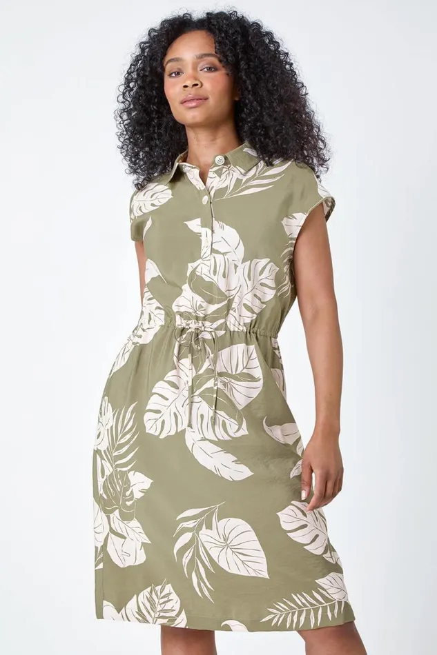 Khaki Petite Tropical Print Shirt Dress Women Roman Dresses