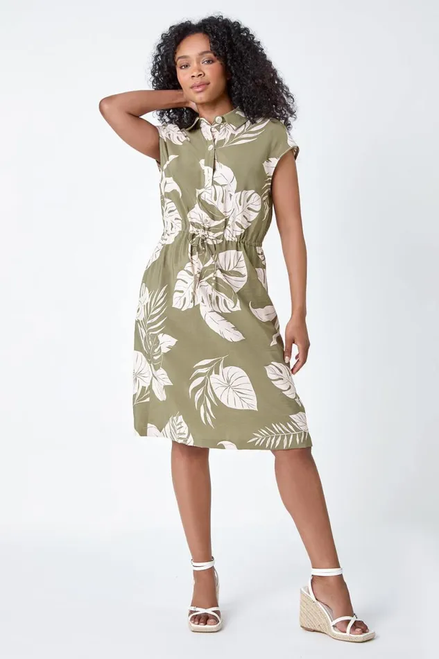 Khaki Petite Tropical Print Shirt Dress Women Roman Dresses
