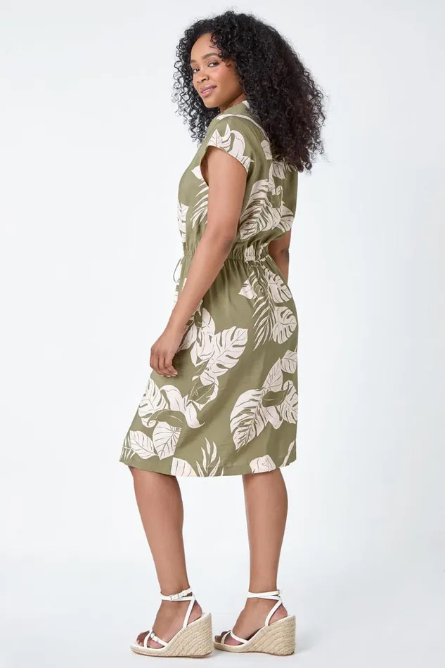 Khaki Petite Tropical Print Shirt Dress Women Roman Dresses