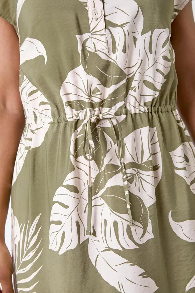 Khaki Petite Tropical Print Shirt Dress Women Roman Dresses