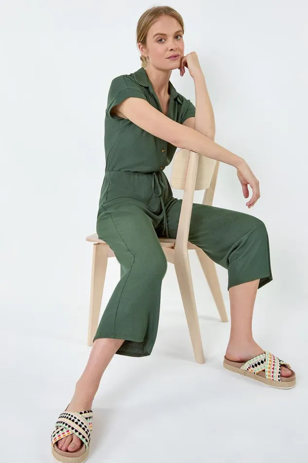 Khaki Plain Ribbed Stretch Jersey Jumpsuit Women Roman Dresses