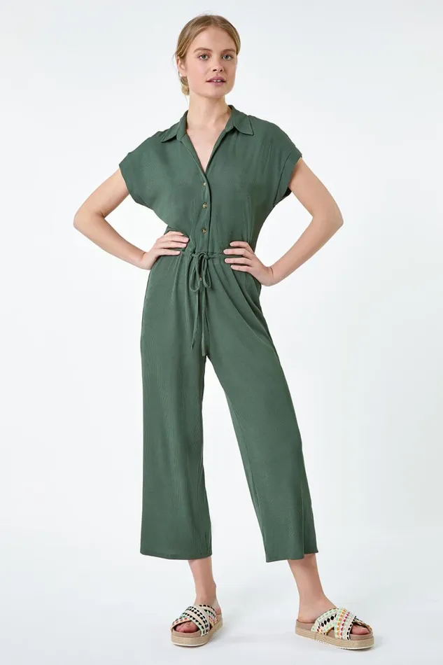 Khaki Plain Ribbed Stretch Jersey Jumpsuit Women Roman Dresses
