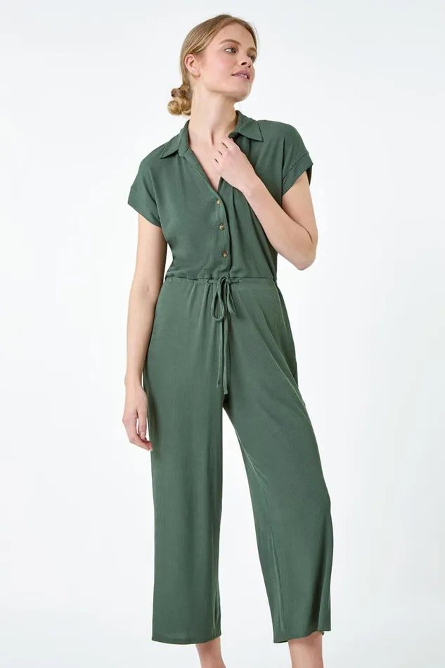 Khaki Plain Ribbed Stretch Jersey Jumpsuit Women Roman Dresses