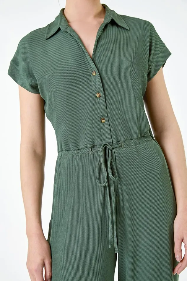 Khaki Plain Ribbed Stretch Jersey Jumpsuit Women Roman Dresses