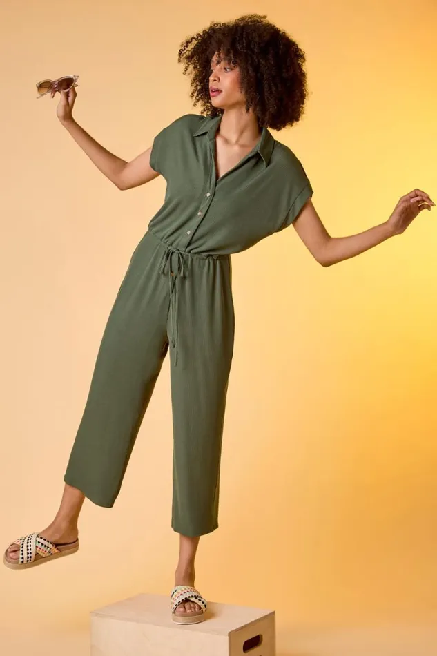 Khaki Plain Ribbed Stretch Jersey Jumpsuit Women Roman Dresses