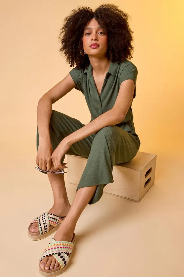 Khaki Plain Ribbed Stretch Jersey Jumpsuit Women Roman Dresses