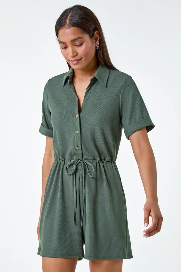 Khaki Plain Ribbed Stretch Playsuit Women Roman Dresses