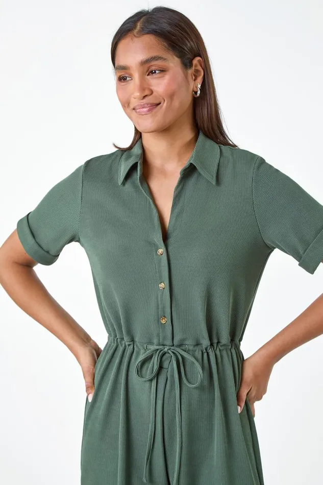 Khaki Plain Ribbed Stretch Playsuit Women Roman Dresses