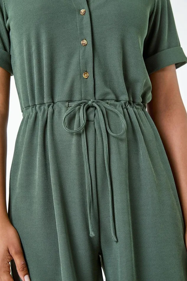 Khaki Plain Ribbed Stretch Playsuit Women Roman Dresses