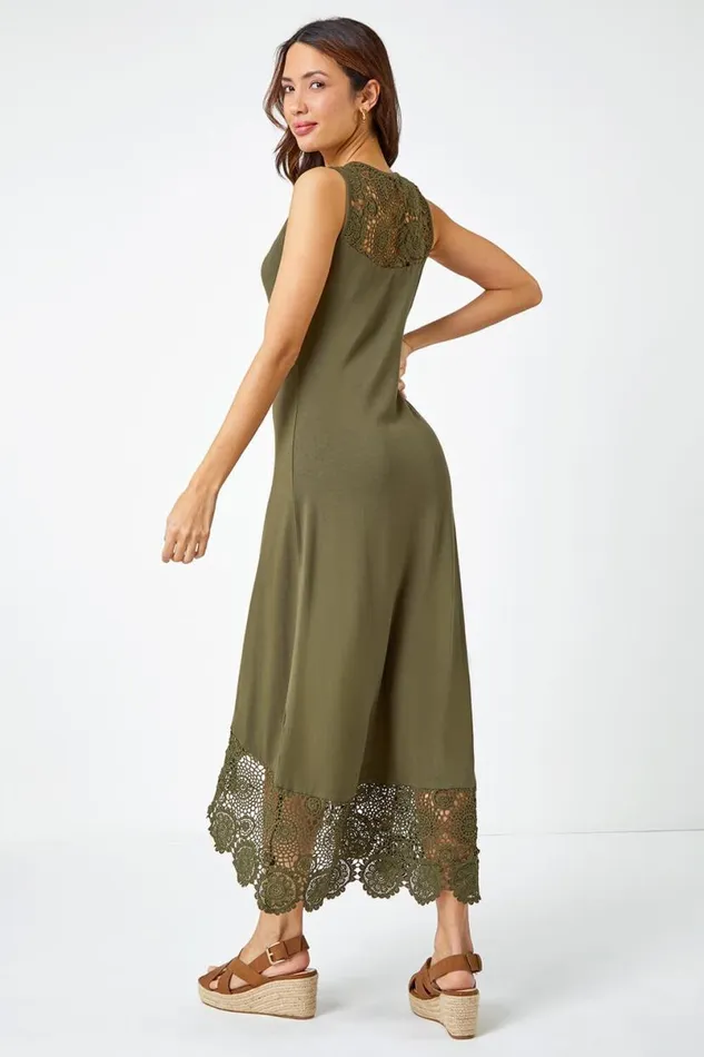 Khaki Sleeveless Crochet Hem Midi Dress Women Roman Dresses