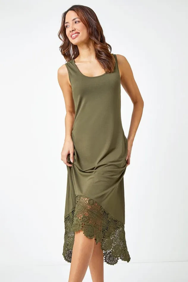 Khaki Sleeveless Crochet Hem Midi Dress Women Roman Dresses