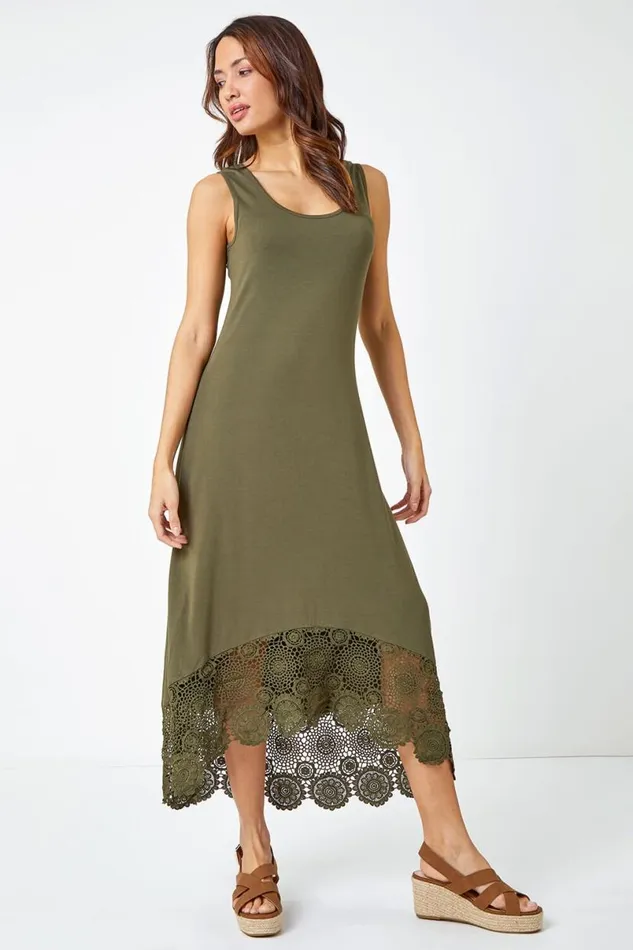 Khaki Sleeveless Crochet Hem Midi Dress Women Roman Dresses
