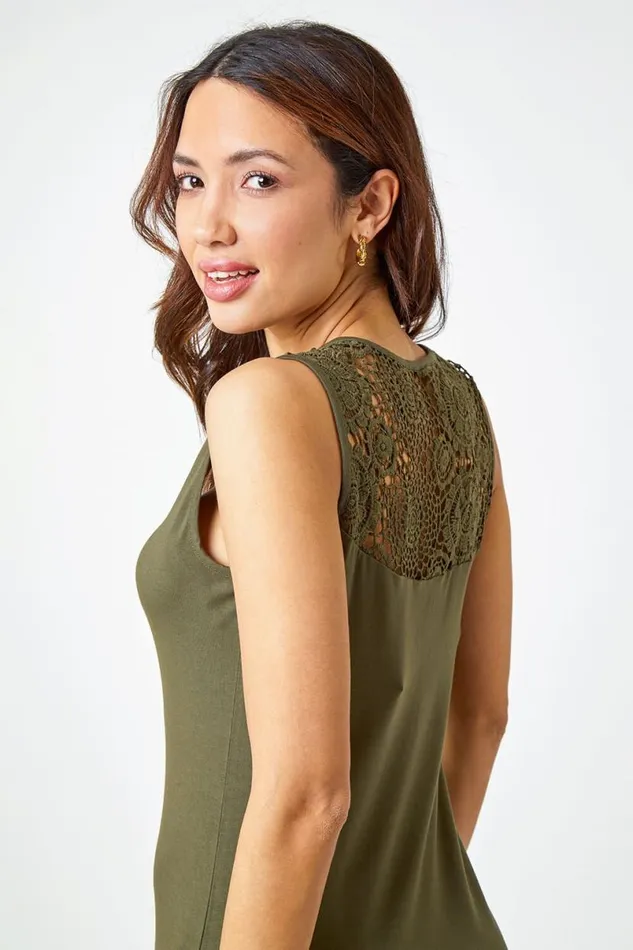 Khaki Sleeveless Crochet Hem Midi Dress Women Roman Dresses