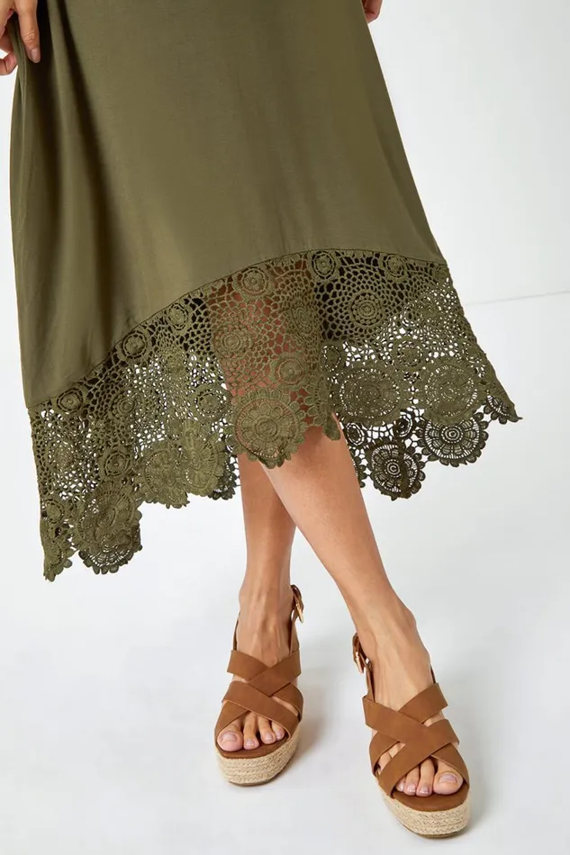 Khaki Sleeveless Crochet Hem Midi Dress Women Roman Dresses