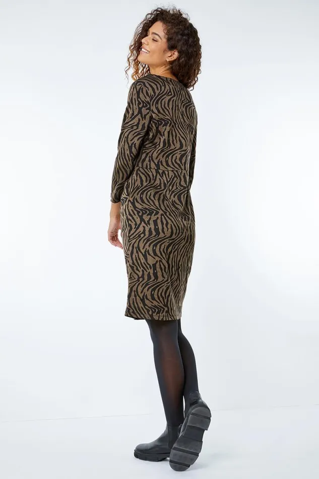 Khaki Tiger Print Pocket Shift Dress Women Roman Dresses