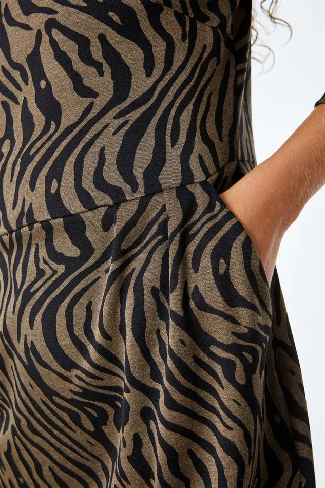 Khaki Tiger Print Pocket Shift Dress Women Roman Dresses