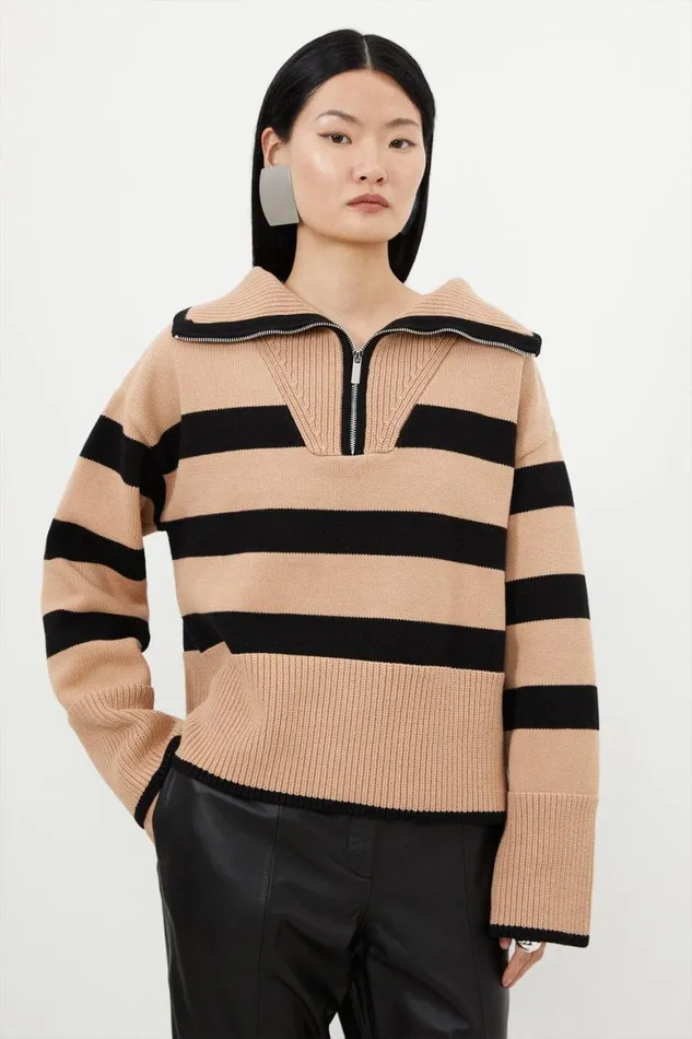 Knitwear Women Karen Millen Cotton Zip Collar Knit Stripe Jumper Camel