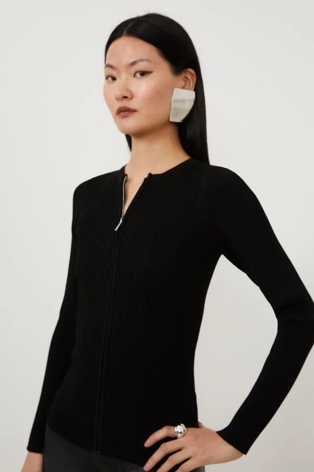 Knitwear Women Karen Millen Viscose Blend Rib Knit Zip Through Cardigan Black