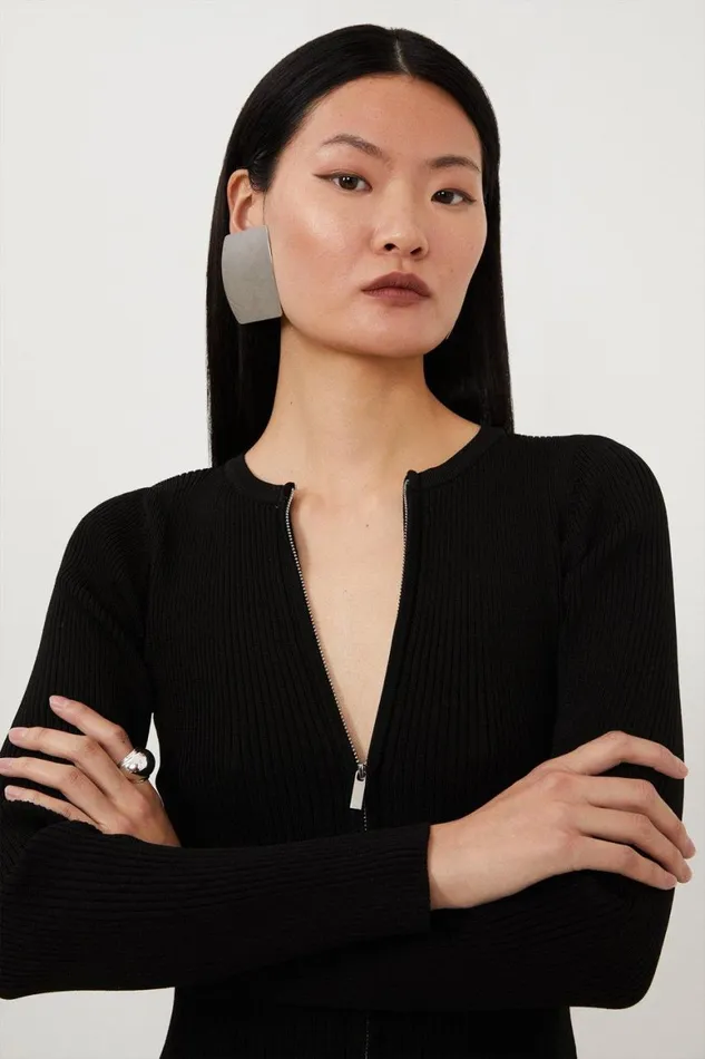 Knitwear Women Karen Millen Viscose Blend Rib Knit Zip Through Cardigan Black
