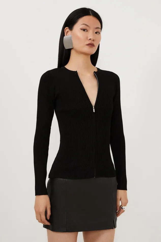 Knitwear Women Karen Millen Viscose Blend Rib Knit Zip Through Cardigan Black