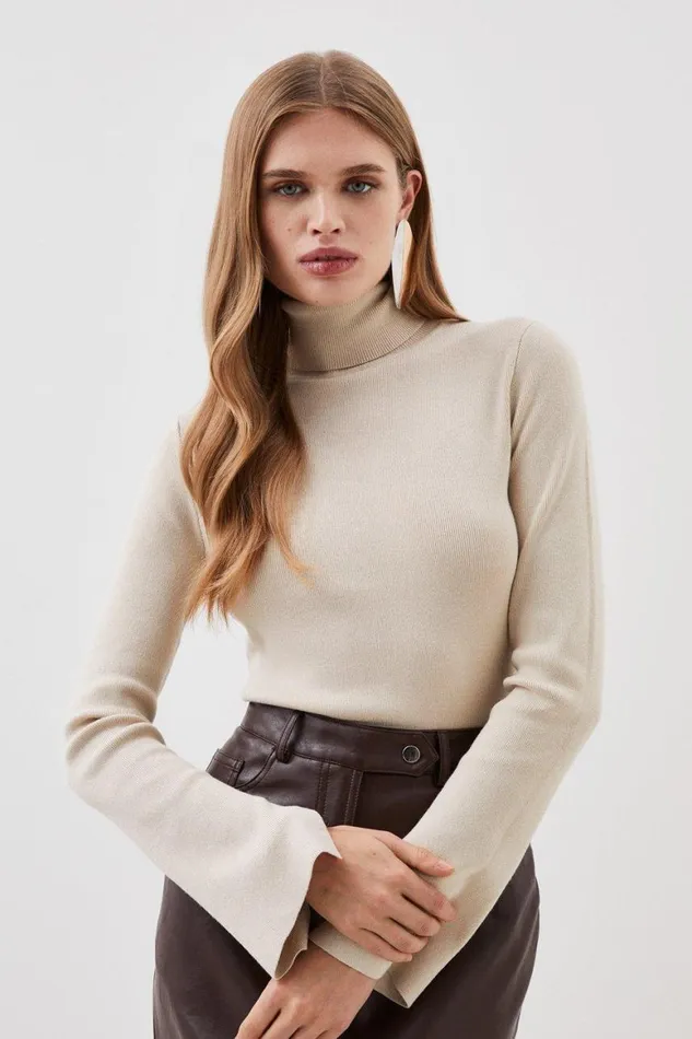 Knitwear Women Karen Millen Viscose Blend Turtle Neck Knit Jumper Natural