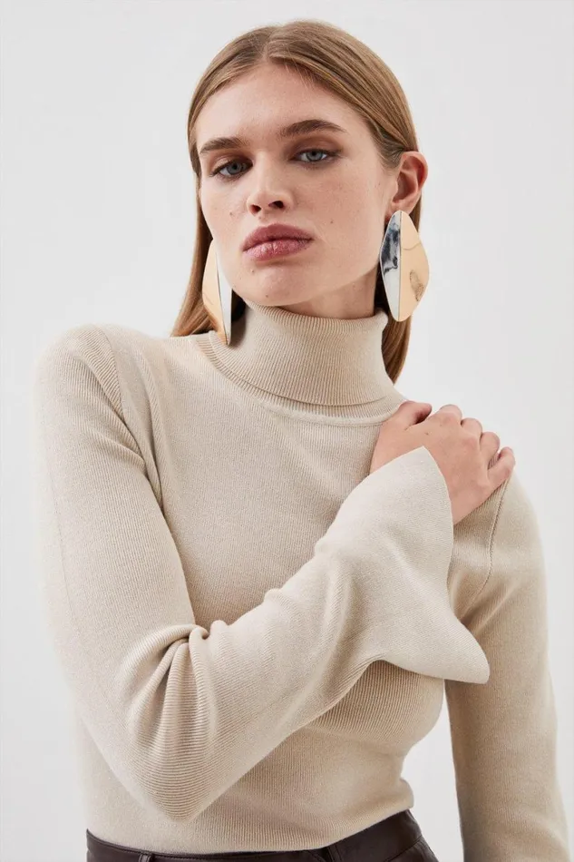 Knitwear Women Karen Millen Viscose Blend Turtle Neck Knit Jumper Natural