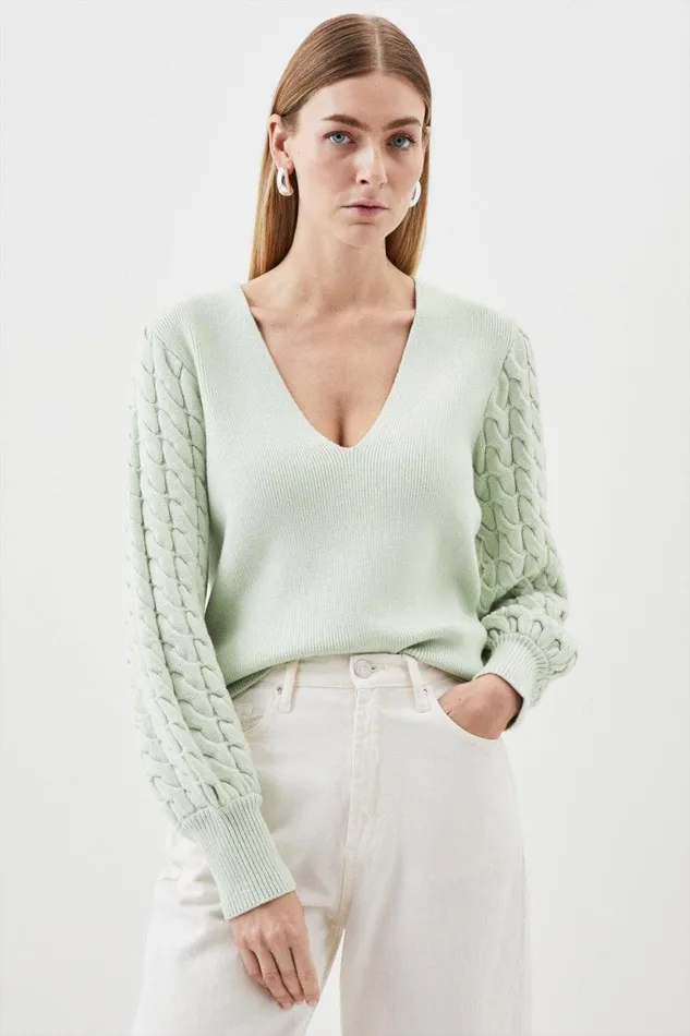 Knitwear Women Karen Millen Viscose Blend V Neck Blouson Cable Knit Jumper Sage Knitwear Women Karen Millen Viscose Blend V Neck Blouson Cable Knit Jumper Sage