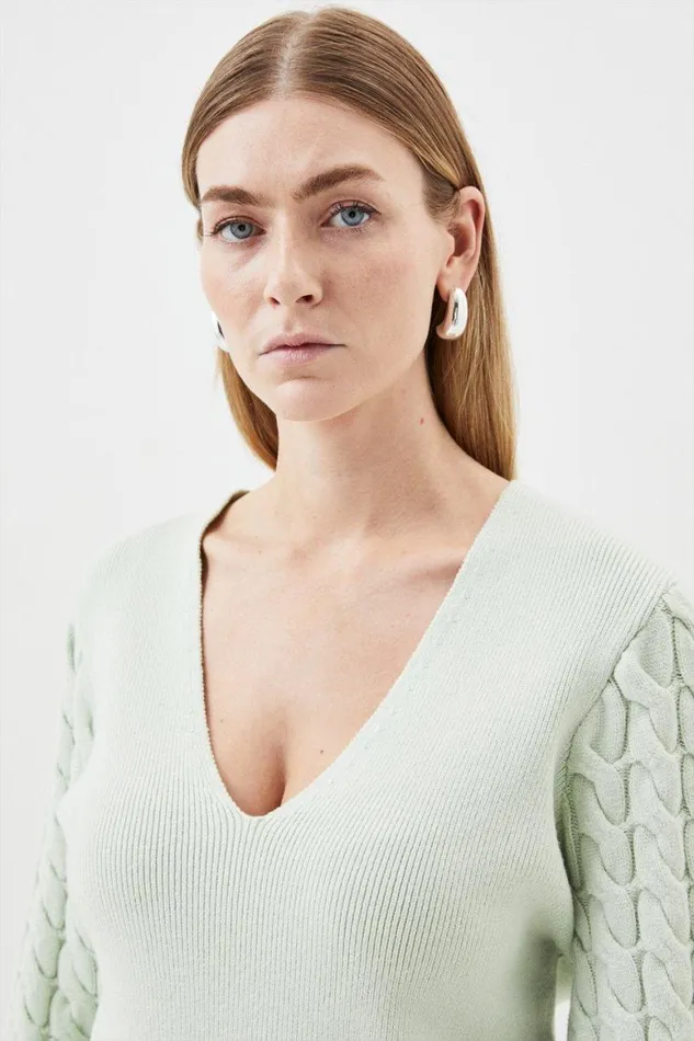 Knitwear Women Karen Millen Viscose Blend V Neck Blouson Cable Knit Jumper Sage