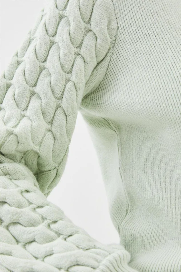 Knitwear Women Karen Millen Viscose Blend V Neck Blouson Cable Knit Jumper Sage