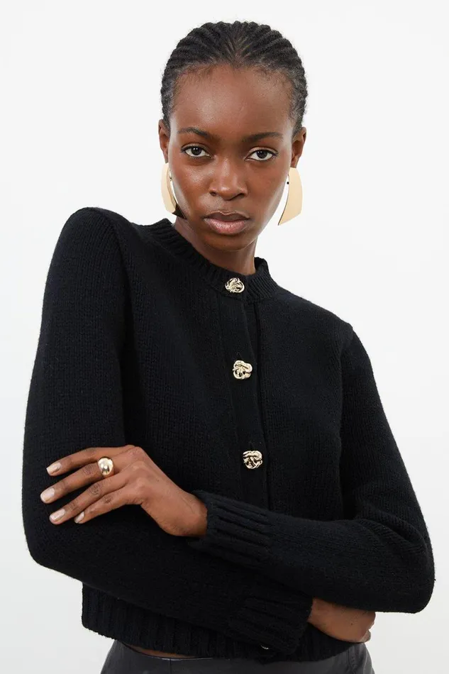 Knitwear Women Karen Millen Wool Blend Gold Button Trim Cardi Black