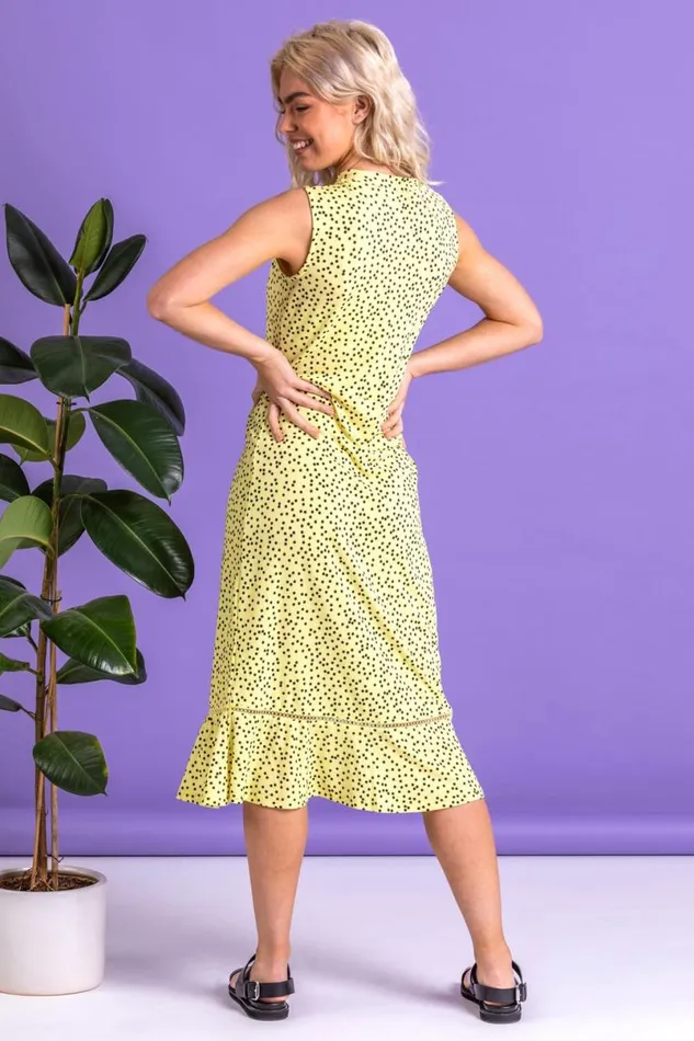 Lemon Spot Print Frill Hem Midi Dress Women Roman Dresses