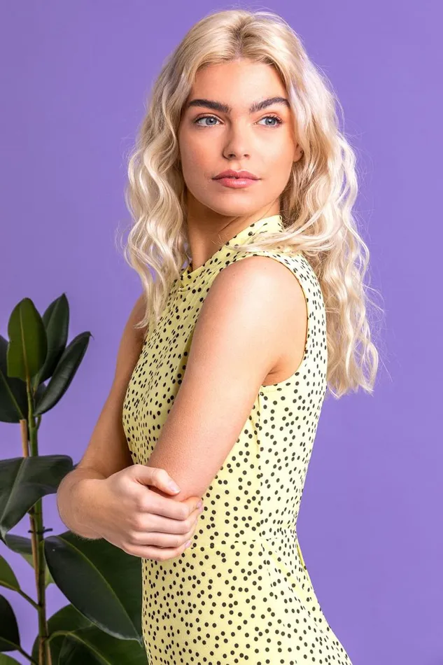 Lemon Spot Print Frill Hem Midi Dress Women Roman Dresses