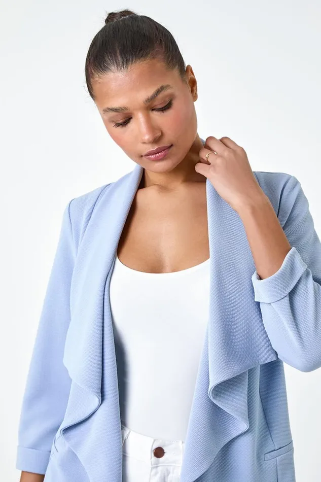 Light Blue 34 Sleeve Textured Waterfall Front Jacket Women Roman Jackets