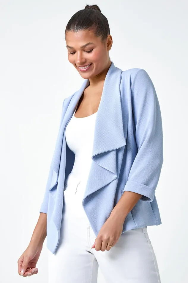 Light Blue 34 Sleeve Textured Waterfall Front Jacket Women Roman Jackets