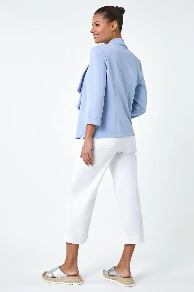 Light Blue 34 Sleeve Textured Waterfall Front Jacket Women Roman Jackets
