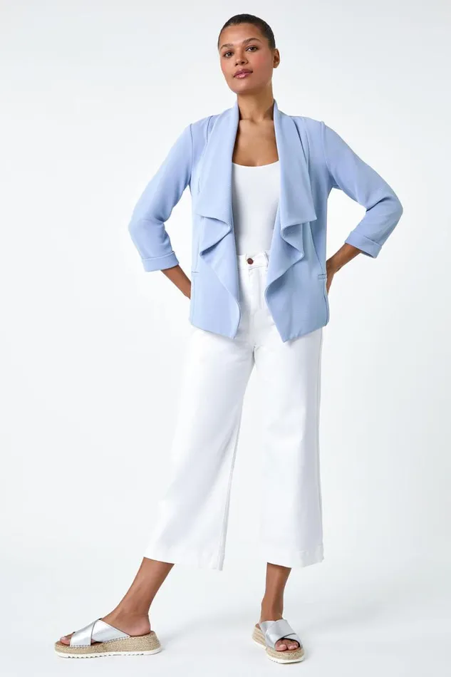 Light Blue 34 Sleeve Textured Waterfall Front Jacket Women Roman Jackets