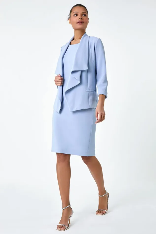 Light Blue 34 Sleeve Textured Waterfall Front Jacket Women Roman Jackets