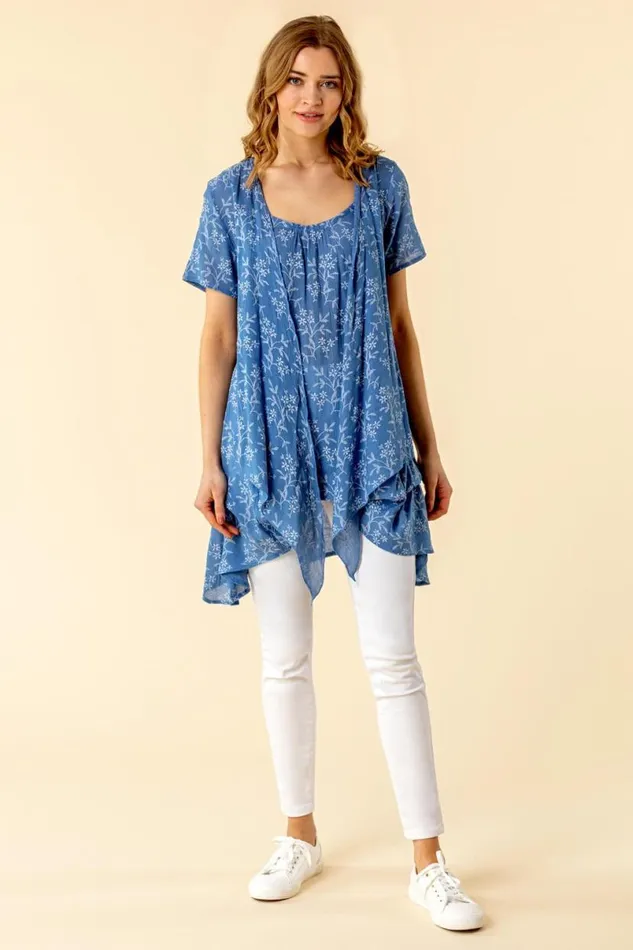 Light Blue Floral Print Crinkle Tunic Top Women Roman Tops