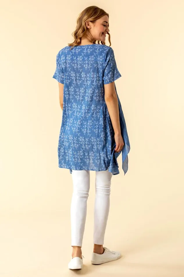 Light Blue Floral Print Crinkle Tunic Top Women Roman Tops