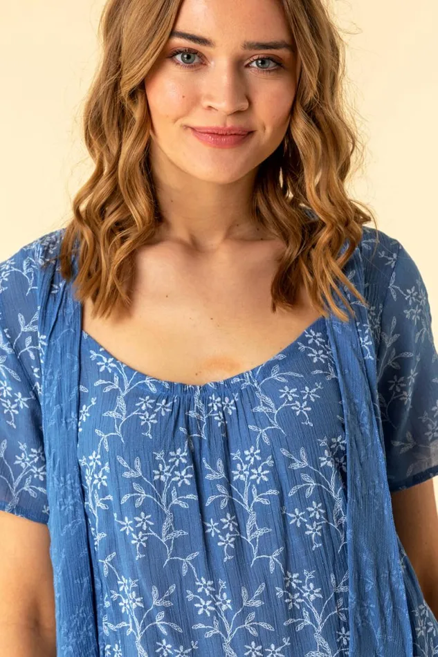 Light Blue Floral Print Crinkle Tunic Top Women Roman Tops
