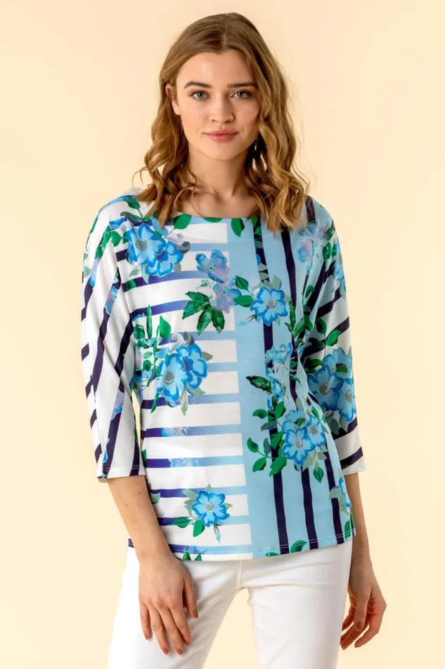 Light Blue Floral Striped Batwing Top Women Roman Tops
