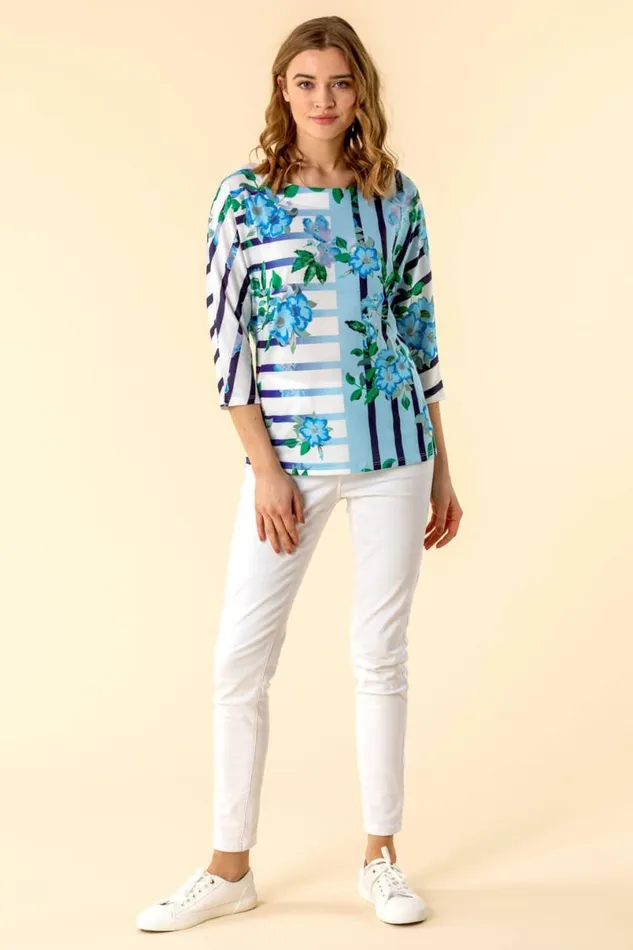 Light Blue Floral Striped Batwing Top Women Roman Tops