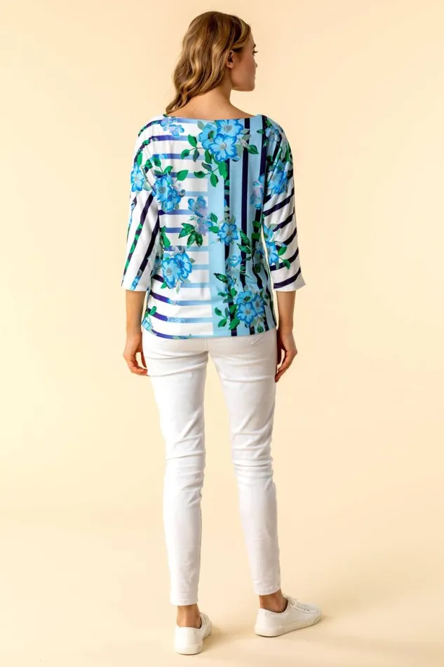Light Blue Floral Striped Batwing Top Women Roman Tops