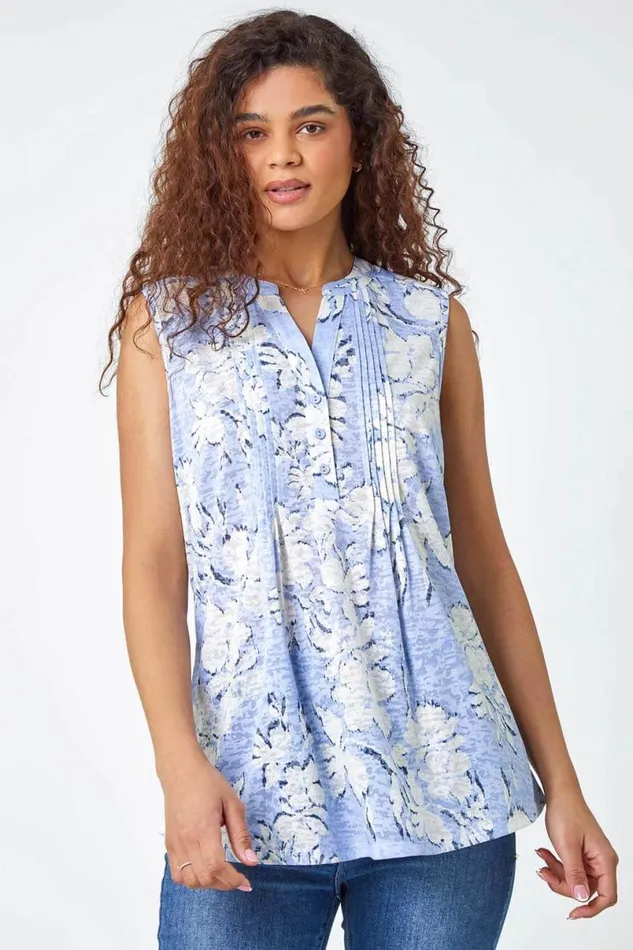 Light Blue Floral VNeck Pintuck Stretch Vest Top Women Roman Tops