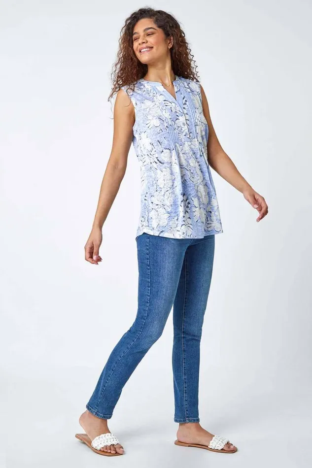 Light Blue Floral VNeck Pintuck Stretch Vest Top Women Roman Tops