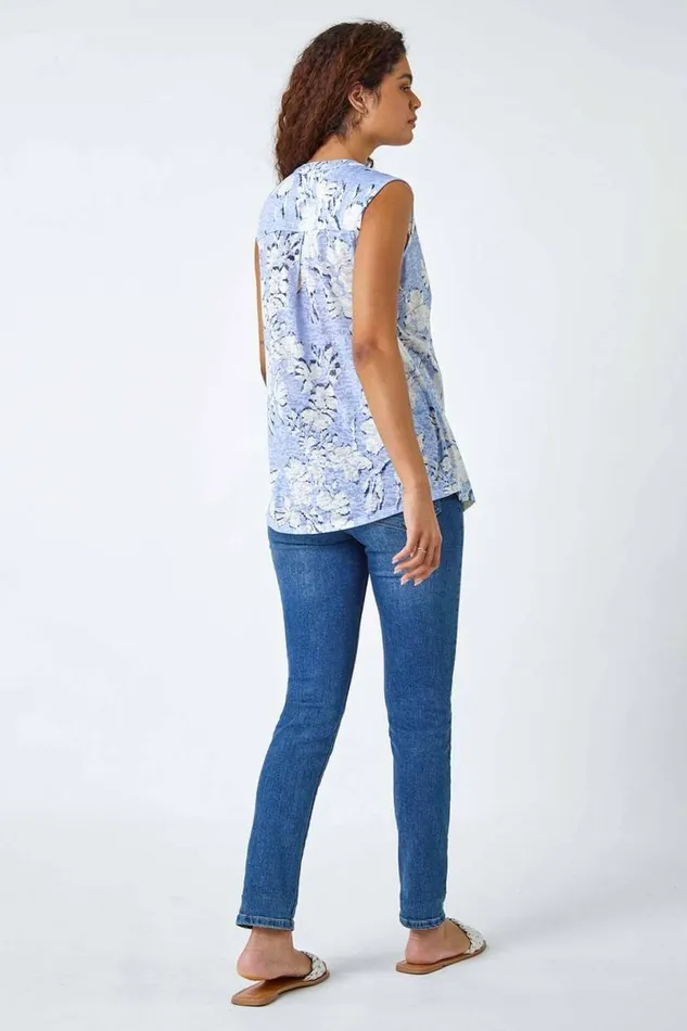 Light Blue Floral VNeck Pintuck Stretch Vest Top Women Roman Tops