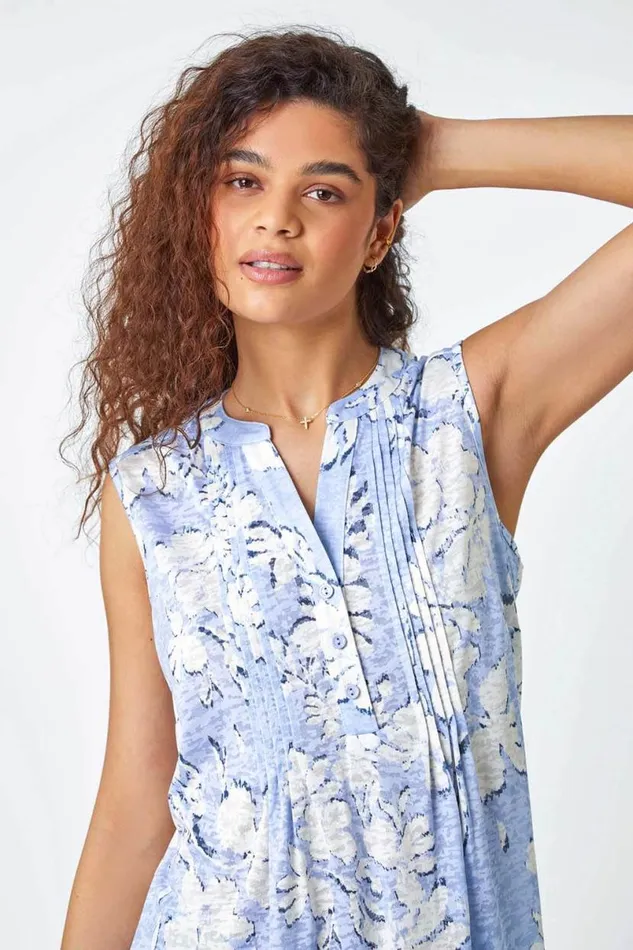 Light Blue Floral VNeck Pintuck Stretch Vest Top Women Roman Tops
