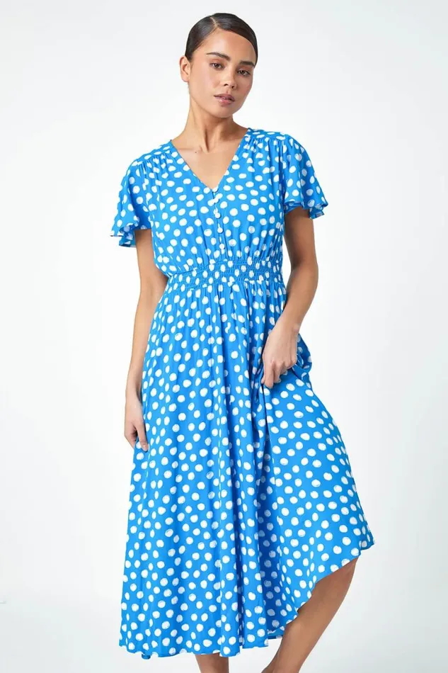 Light Blue Petite Polka Dot Midi Dress Women Roman Dresses