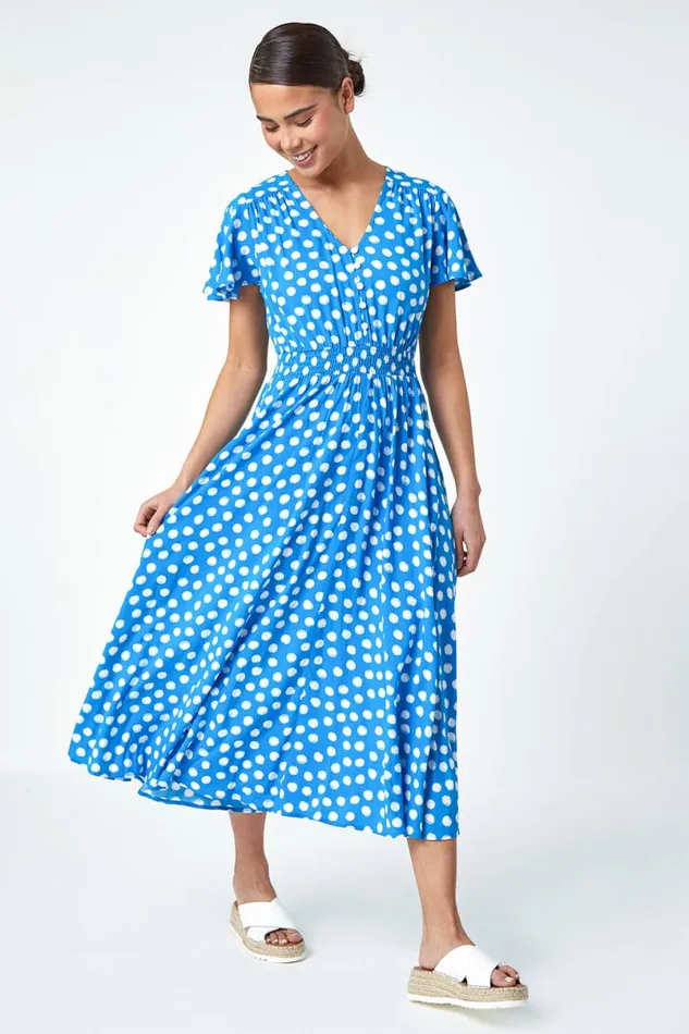 Light Blue Petite Polka Dot Midi Dress Women Roman Dresses