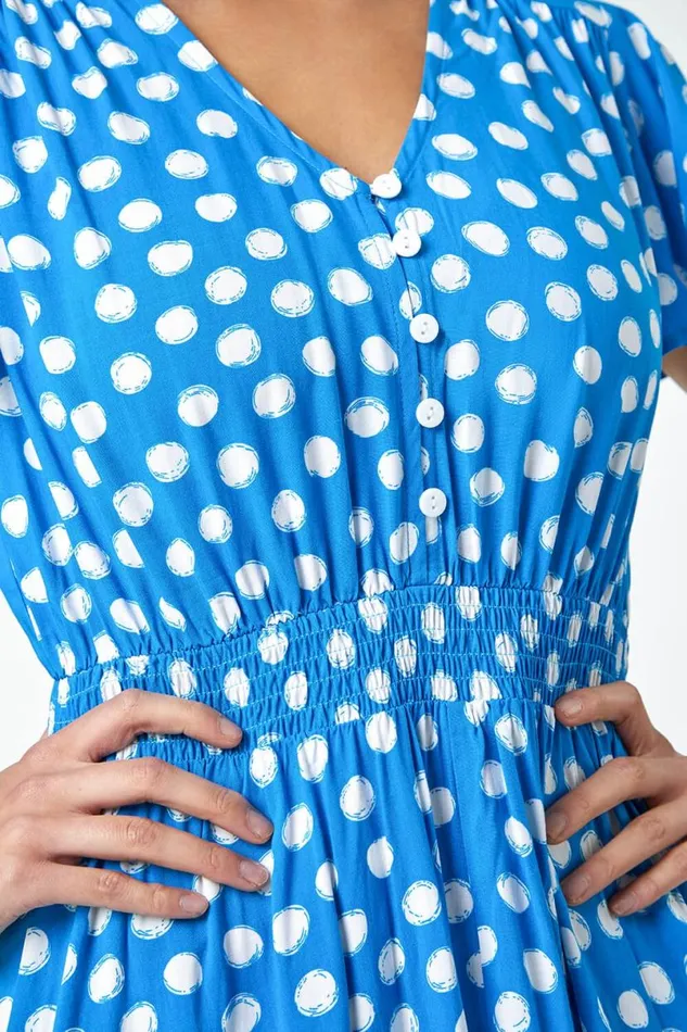 Light Blue Petite Polka Dot Midi Dress Women Roman Dresses